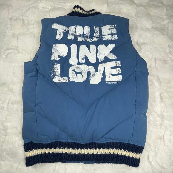 🔥PINK Victoria’s Secret Down Feather Spell Out Striped Trim Blue Vest Size XS/S - Picture 2 of 11